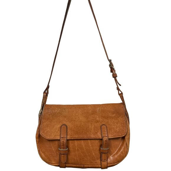 Vintage Handbags - Vtg 60s 70s Tan Leather Womens Flap Shoulder Satchel Bag Purse Hippie Boho